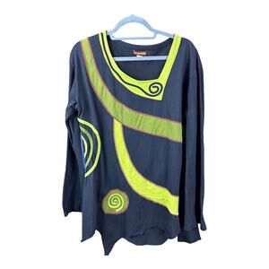 Dragonfly black green art to wear tunic cotton long sleeve casual size XL